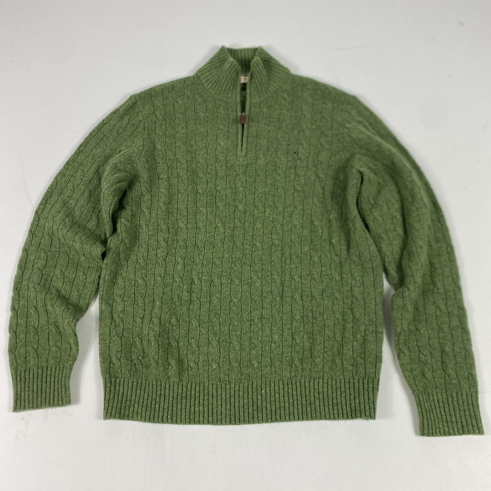 J Crew Sweater Mens Medium Green Lambswool Cable Knit 1/4 Zip Pullover Mock Neck